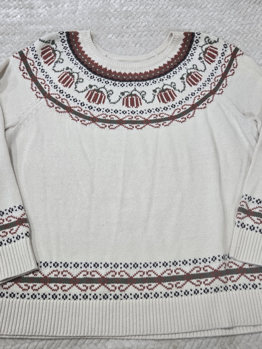 croft & barrow Cream Fair Isle Crewneck Sweater with Rust & Olive Motif